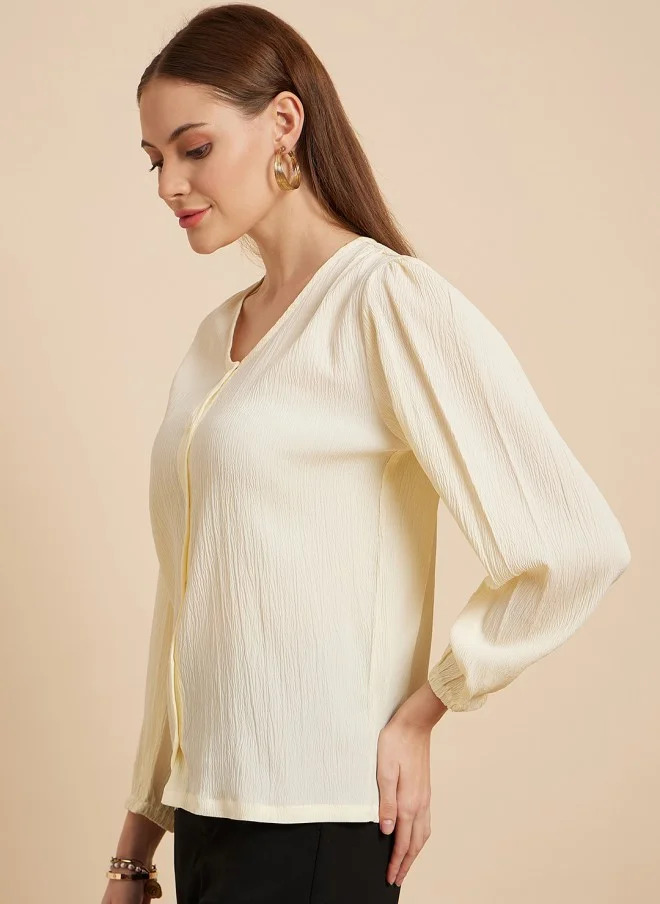 MINT STREET Cream Puff Sleeve Shirt Style Top for Women