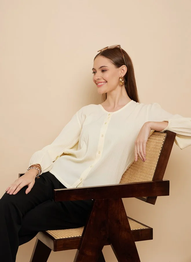 MINT STREET Cream Puff Sleeve Shirt Style Top for Women