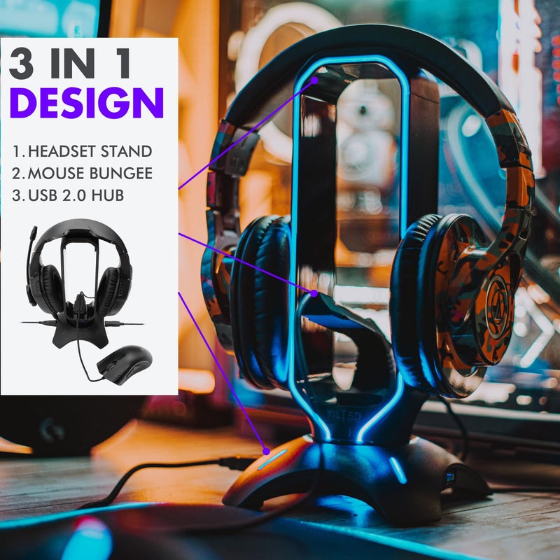 Tilted Nation Gaming Headset Stand | RGB Headphone Stand for Desk with Mouse Bungee and USB Hub (Cool and Clean Setup) Gaming Headset Holder - Perfect Gamer Gift Accessory - Image 2