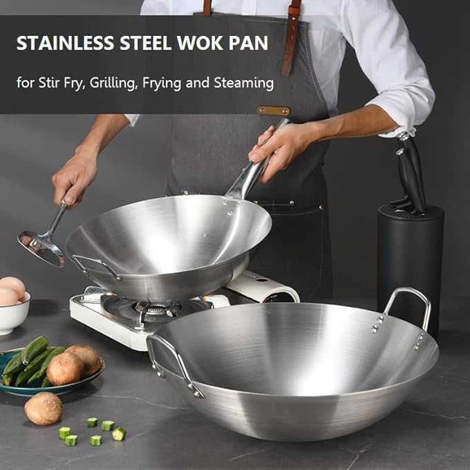 rayihni Stainless Steel Wok Pan Uncoated Chinese Pan Heavy Stainless Steel Wok Skillet Frying Cooking Pan Compatible All Stoves26Cm - Image 4