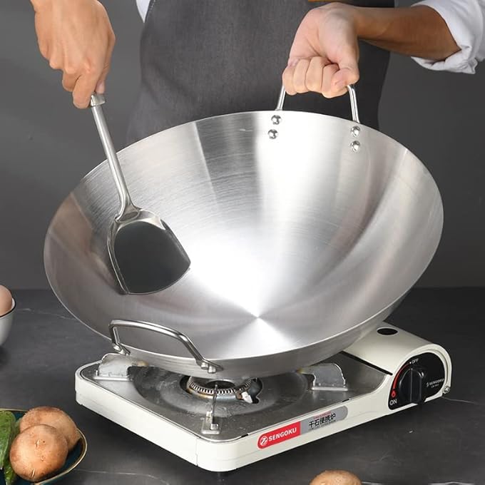 rayihni Stainless Steel Wok Pan Uncoated Chinese Pan Heavy Stainless Steel Wok Skillet Frying Cooking Pan Compatible All Stoves26Cm - Image 5