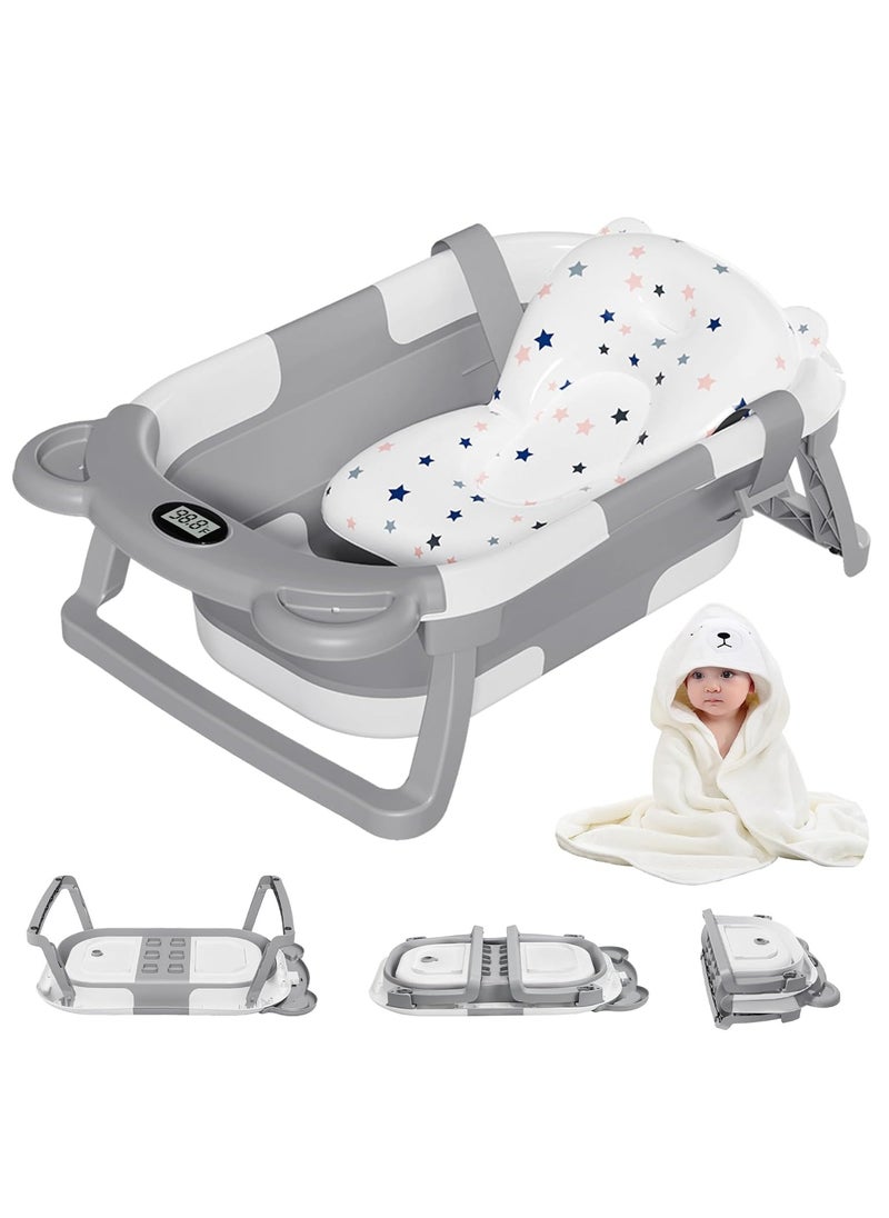NNEWVANTE Collapsible Baby Bathtub for Newborn with Thermometer & 1 Hooded Towel & 1 Soft Floating Cushion,Portable Travel Bathtub with Drain Hole, Durable Foldable Baby Tubs for Infants to Toddler  - Image 1