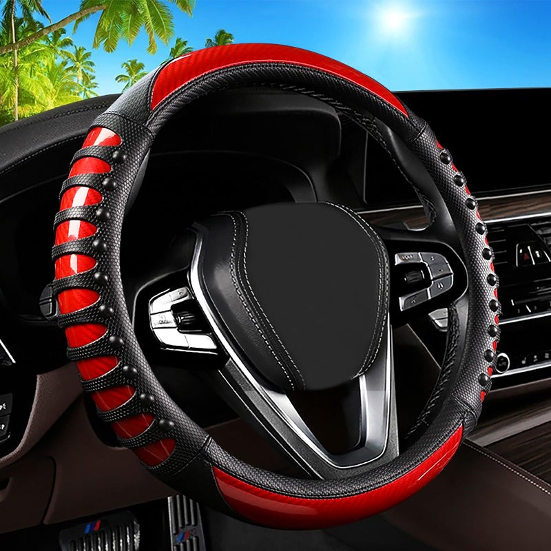 FBLOWMOD Car Leather Steering Wheel Cover - Carbon Fibre Material, Universal 14.5-15 Inch Leather Anti-Slip Breathable Auto Steering Wheel Covers for Men Women (3D Massage - Sports Red) - Image 2