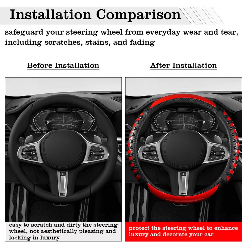 FBLOWMOD Car Leather Steering Wheel Cover - Carbon Fibre Material, Universal 14.5-15 Inch Leather Anti-Slip Breathable Auto Steering Wheel Covers for Men Women (3D Massage - Sports Red) - Image 5