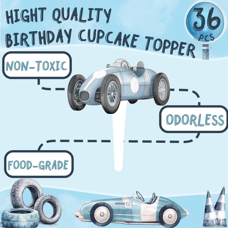 HaPiBiDesign 36 قطعة من زينة كعك الكب كيك على شكل سيارات سباق - زينة حفلات سيارات السباق وكعك الكب كيك لحفلات سيارات السباق - مثالية لكعك الكب كيك في حفلات عيد ميلاد سيارات السباق وحفلات استقبال المواليد الذكور وزينة كعك سيارات السباق - Image 4