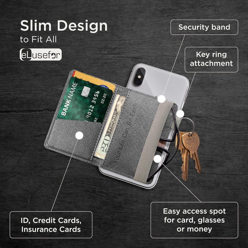 eLusefor Stick-On Phone Wallet for Back of iPhone or Android Case | 6 Sleeve Credit Card Holder - Pocket for Cards, Money & ID - Built-in Stand - Waterproof Material - Travel, Work & Life-Proof - DimGrey - Image 2