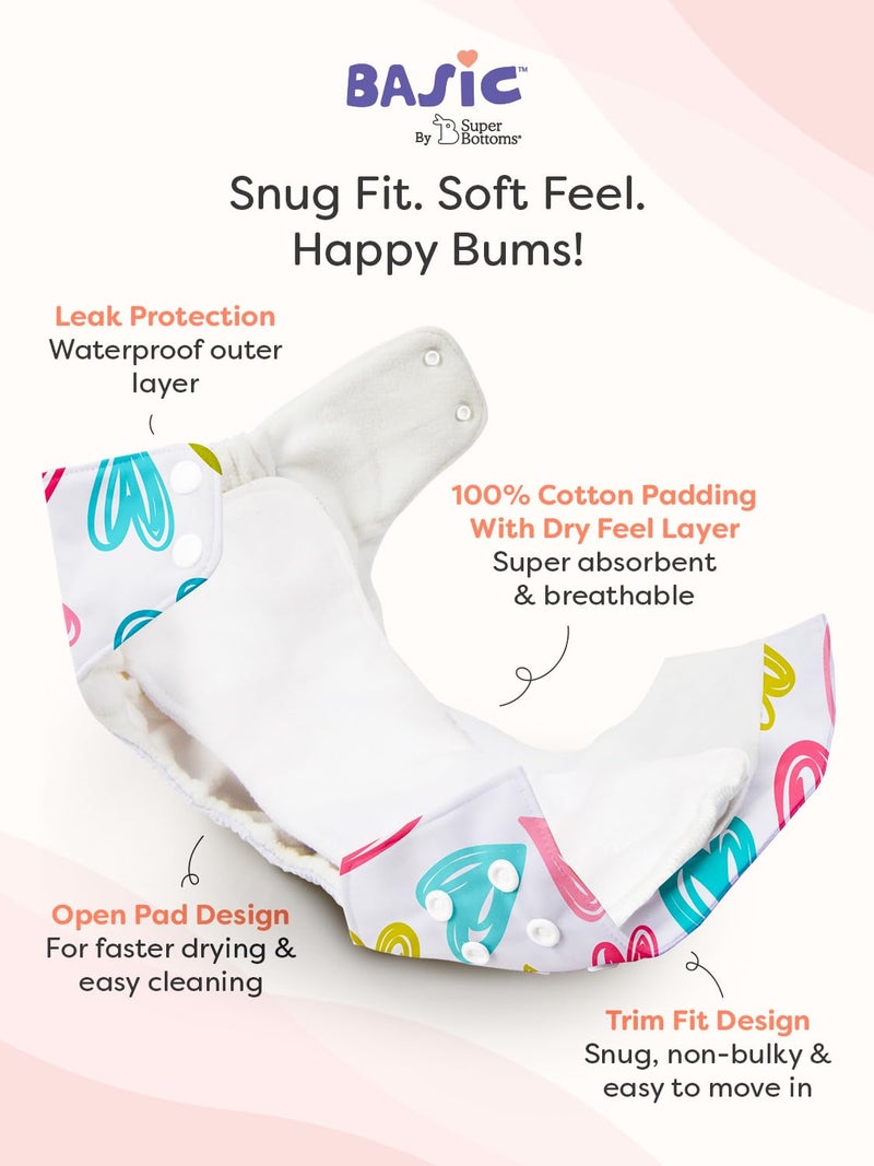 Superbottoms حفاضات قماش متقدمة مضادة للتسرب من سوبر بوتومز للأطفال، ماصة عالية 100% قطن، حزمة مكونة من 7 حفاضات قابلة لإعادة الاستخدام و7 وسادات إدخال قابلة للغسل، قابلة للتعديل من 3 أشهر إلى 3 سنوات، تقلل من الطفح الجلدي - Image 2