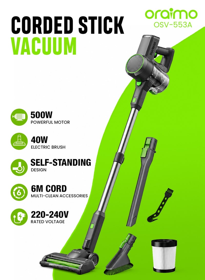 أورايمو مكنسة كهربائية Oraimo CordForce Plus ذات السلك مع محرك قوي 500 واط، فرشاة كهربائية 40 واط، فلتر HEPA، تصميم قائم بذاته، سلك بطول 6م، ملحقات متعددة للتنظيف، مكنسة خفيفة للتنظيف العميق للمنزل والمكتب - رمادي غرافيت OSV-553A - Image 1