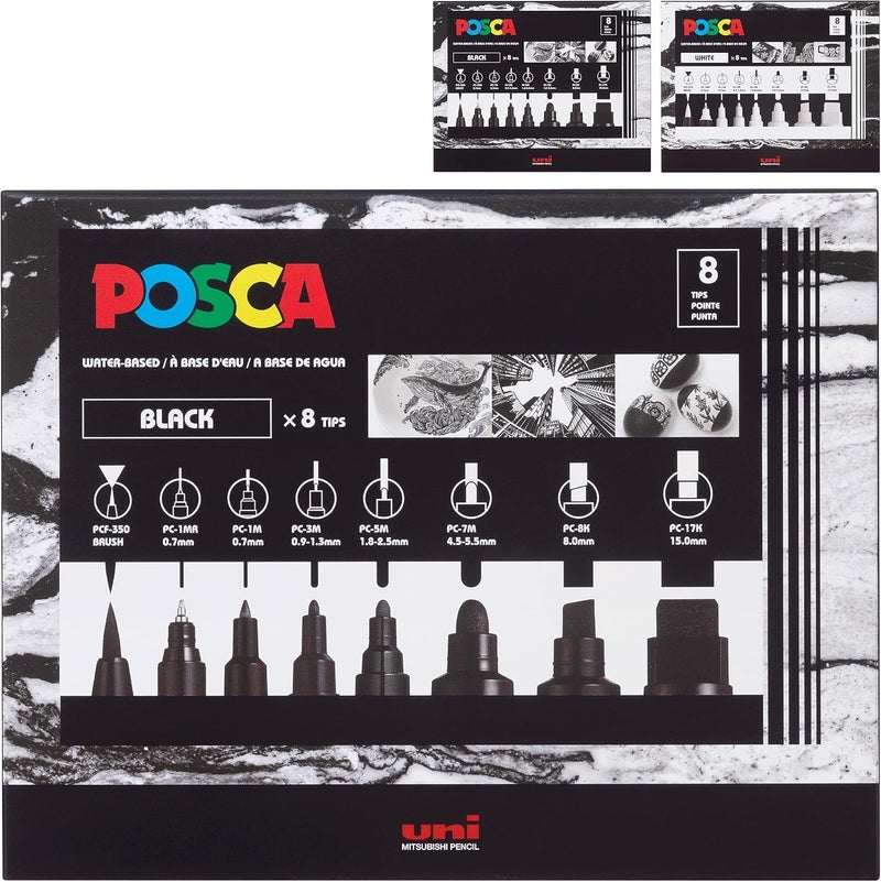 POSCA مجموعةMarkers طلاء أكريليك Uni Posca 8Tip باللون الأسود غير سامة معتمدة من ACMI تتيح لك التلوين على أي سطح مثالية للجرافيتي والفنون الجميلة ومشاريع DIY والمزيد - Image 1