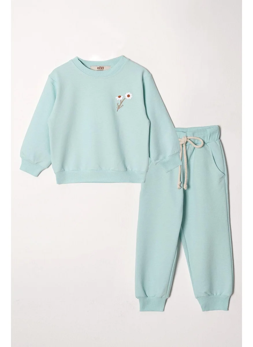 Acar Crew Neck Long Sleeve Daisy Embroidered Mint Color Girl Tracksuit