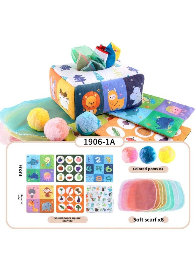 Hot Sale Baby Tissue Box With Pompom Puzzle Baby Cloth Book With Ringing Paper Hand Tear Baby Toys-Color:NO.1906-1A Animal Tissue Box (3 Square Scarves +8 Silk Scarves +3 Pompom) 79.8g  - Image 1