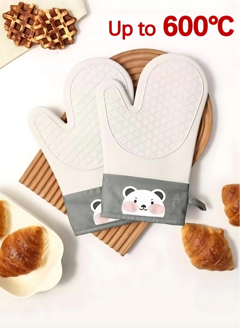 1 Pair 600°C Heat Resistant Silicone + Cotton Double-Layer Oven Gloves, Waterproof & Anti-Slip Kitchen Mitts, Easy to Clean, Five-Finger Design for Safe Cooking, Baking & Boiling  - Image 1