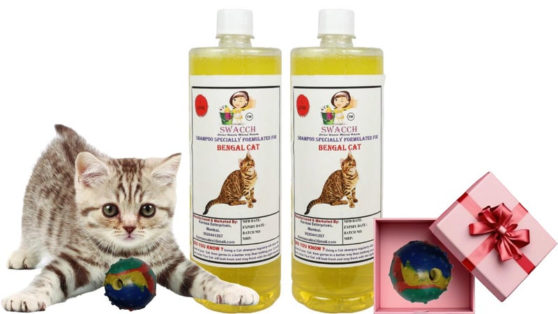 swacch Bengal Cat Shampoo + Rubber Musical Ball I Chew Playing Rubber Ball I Interactive Cat Toy Balls I Training & Play I Combo Pack I 1 Litre Pack of 2 Lemon - Image 1
