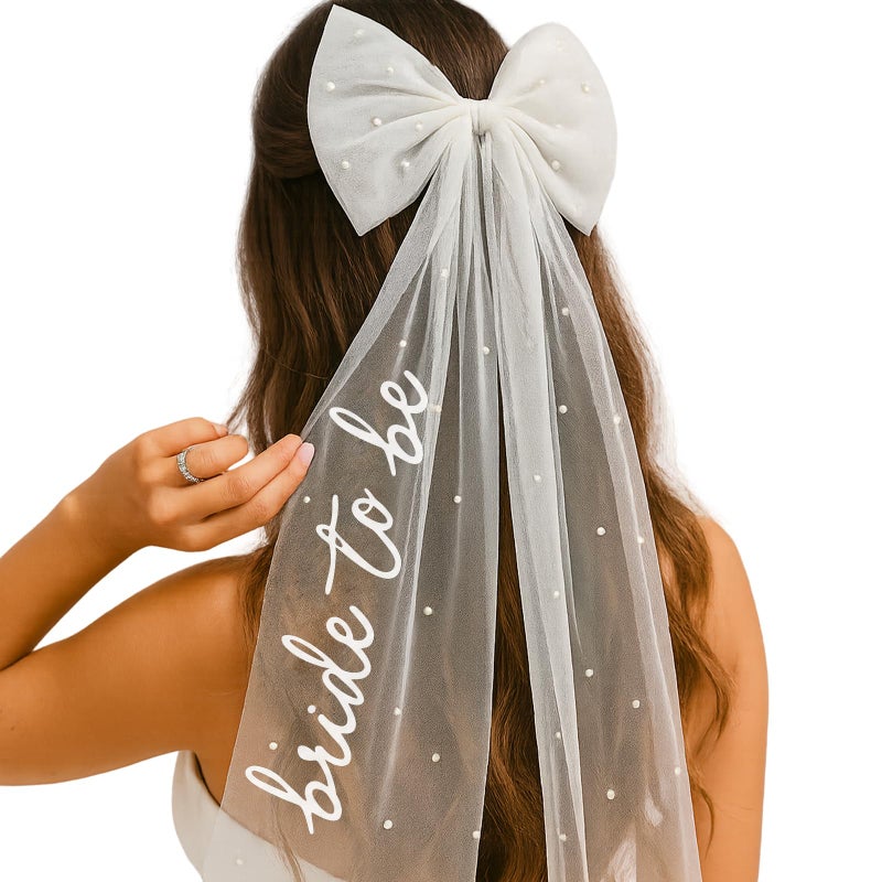 TWPER Bride to Be Bow Veil with Pearls, White Bridal Hair Bow Clip with Veil for Bachelorette Party, Bridal Shower, Wedding Morning, Engagement Photo Accessory - Image 1