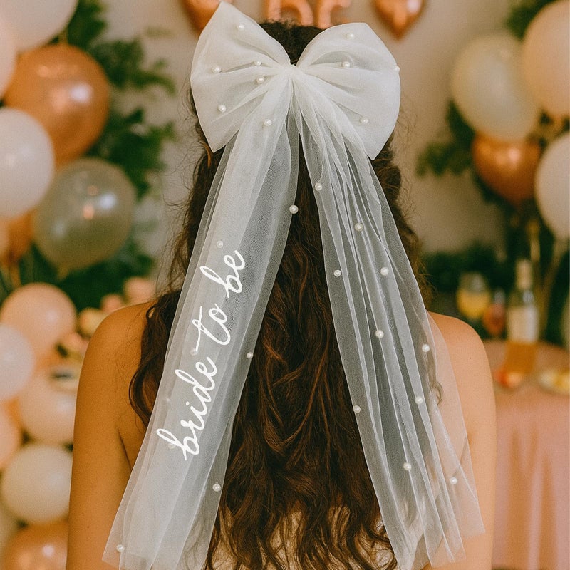 TWPER Bride to Be Bow Veil with Pearls, White Bridal Hair Bow Clip with Veil for Bachelorette Party, Bridal Shower, Wedding Morning, Engagement Photo Accessory - Image 3
