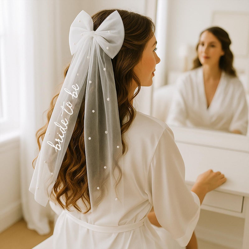 TWPER Bride to Be Bow Veil with Pearls, White Bridal Hair Bow Clip with Veil for Bachelorette Party, Bridal Shower, Wedding Morning, Engagement Photo Accessory - Image 4
