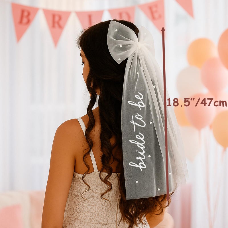 TWPER Bride to Be Bow Veil with Pearls, White Bridal Hair Bow Clip with Veil for Bachelorette Party, Bridal Shower, Wedding Morning, Engagement Photo Accessory - Image 2