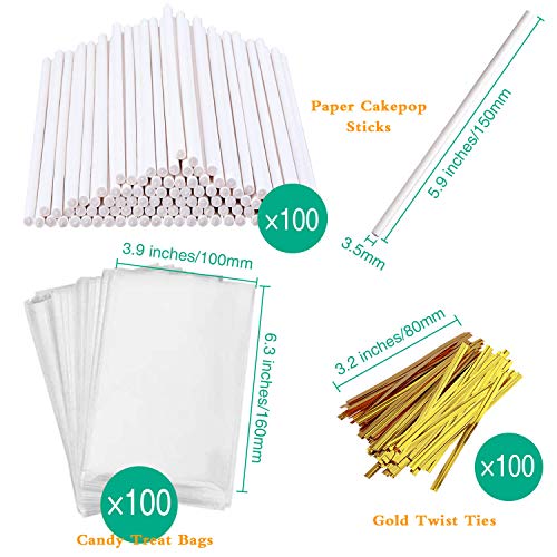 AENTGIU 300 PCS Cake Pop Sticks and Wrappers Kit, Including 100ct 6-inch Paper Lollipop Sticks, 100ct Clear Candy Treat Bags Parcel, 100ct Gold Twist Ties for Cakepop, Lollipop, Hard Candy, Suckers, Chocolate - Image 2