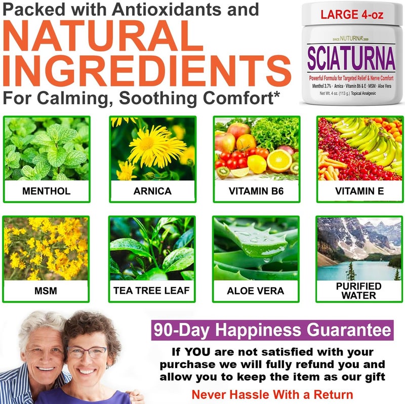 Nuturna Sciatica Nerve Cream - Maximum Strength Comfort Cream for Feet, Hands, Legs, Toes, Back - Natural Ultra Strength Arnica, MSM, Menthol, Soothing Comfort, Large 4 Oz - Image 4