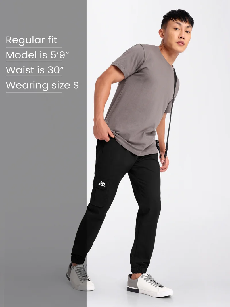 Beyoung Jet Black Cotton Cargo Joggers