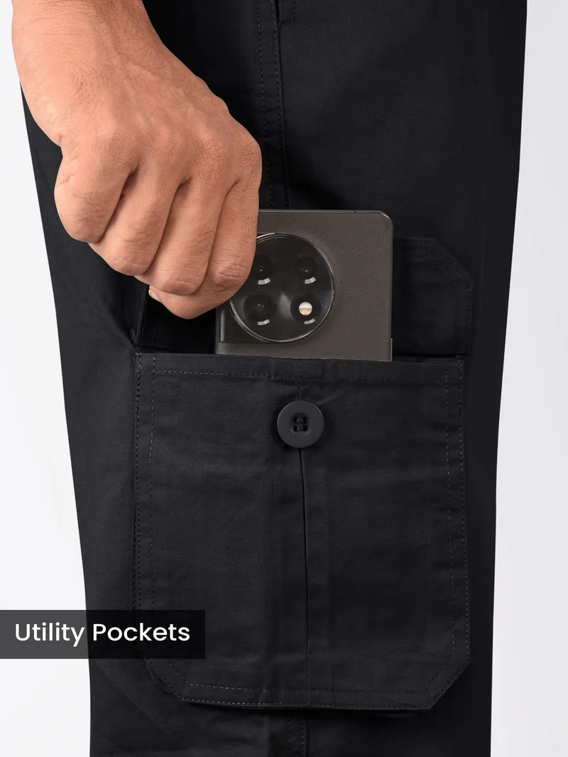 Beyoung Jet Black Cotton Cargo Joggers