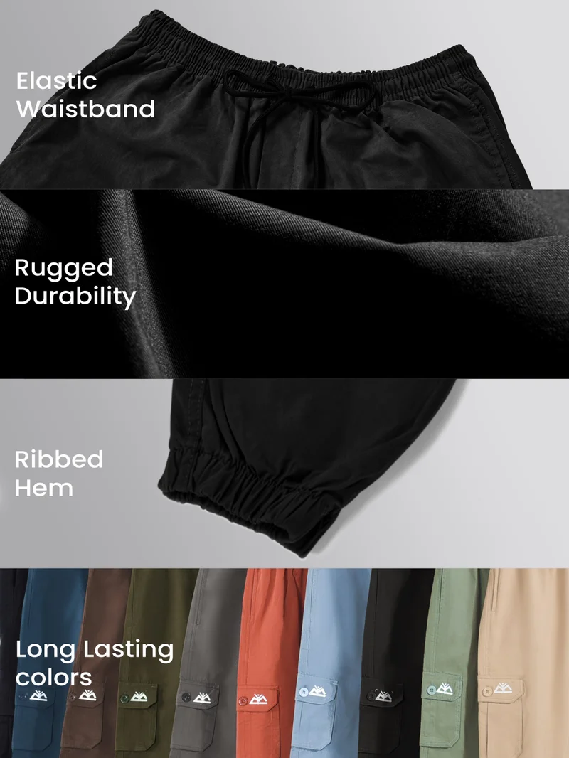 Beyoung Jet Black Cotton Cargo Joggers