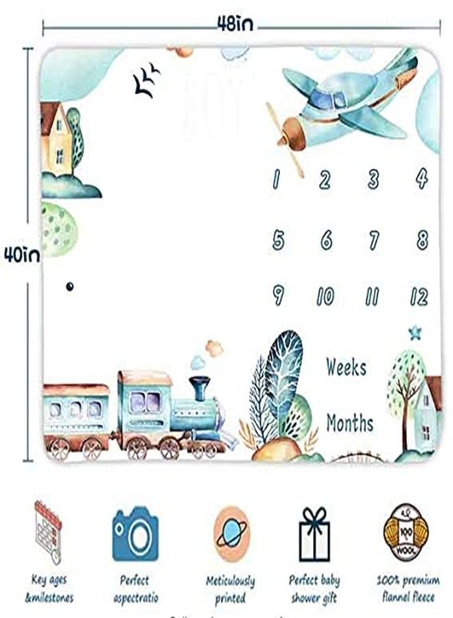 FHZON Airplane and Train Baby Monthly Milestone Blanket for Boy, Baby Blanket with Month Marker Frame, 48x40in, 1-12 Months Milestones, for Baby Showers and Newborn - Image 2