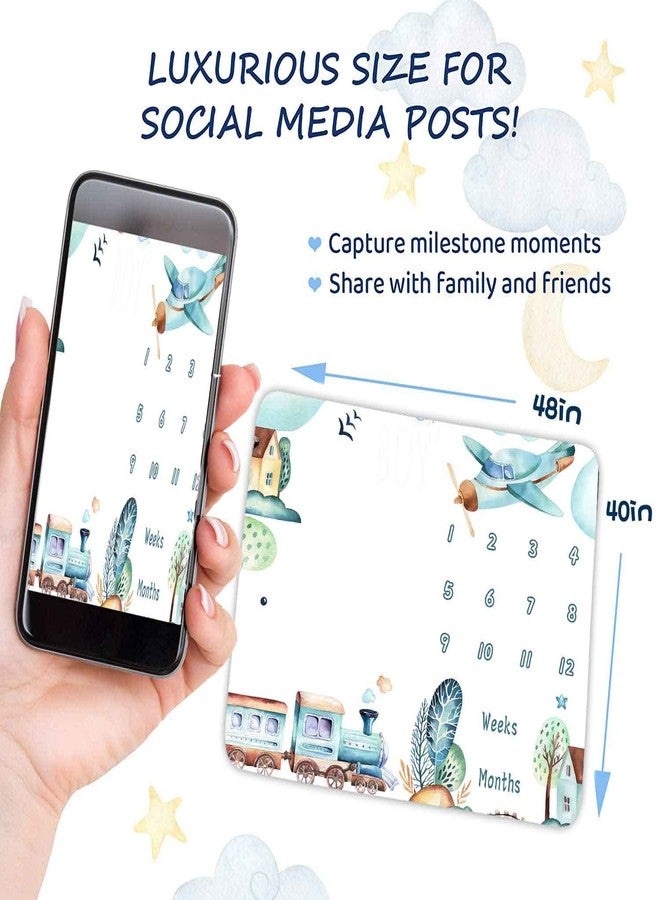 FHZON Airplane and Train Baby Monthly Milestone Blanket for Boy, Baby Blanket with Month Marker Frame, 48x40in, 1-12 Months Milestones, for Baby Showers and Newborn - Image 3