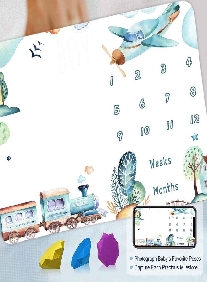 FHZON Airplane and Train Baby Monthly Milestone Blanket for Boy, Baby Blanket with Month Marker Frame, 48x40in, 1-12 Months Milestones, for Baby Showers and Newborn - Image 5