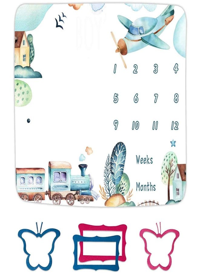 FHZON Airplane and Train Baby Monthly Milestone Blanket for Boy, Baby Blanket with Month Marker Frame, 48x40in, 1-12 Months Milestones, for Baby Showers and Newborn - Image 1