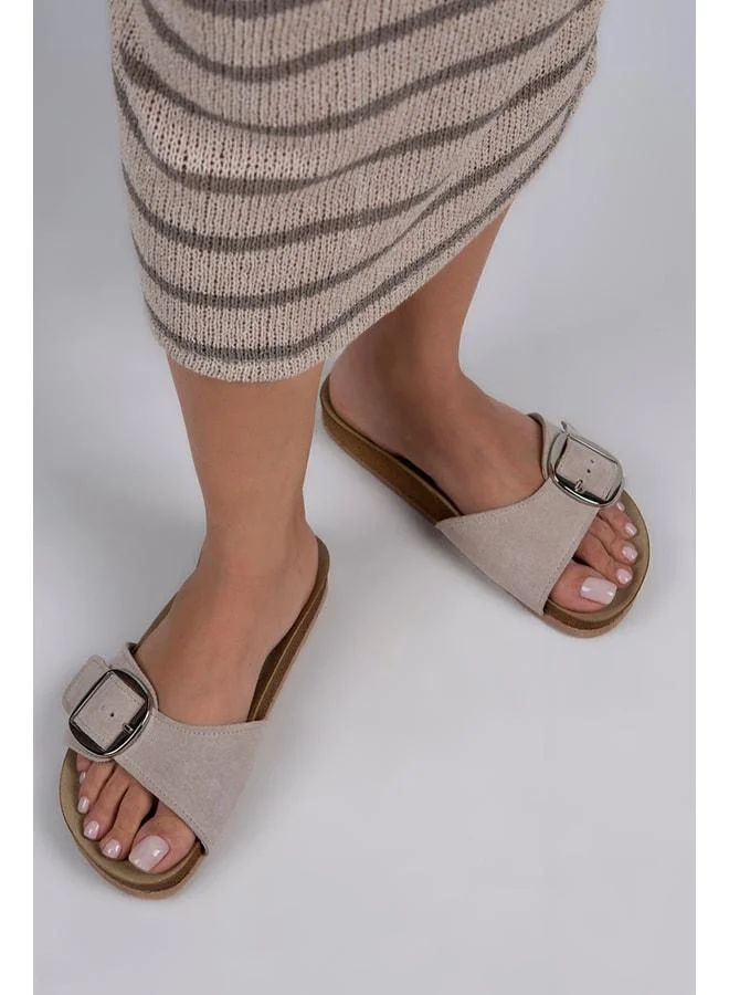 Jade Women's Genuine Leather Single Buckle Beige Suede - Silver Slippers - Beige