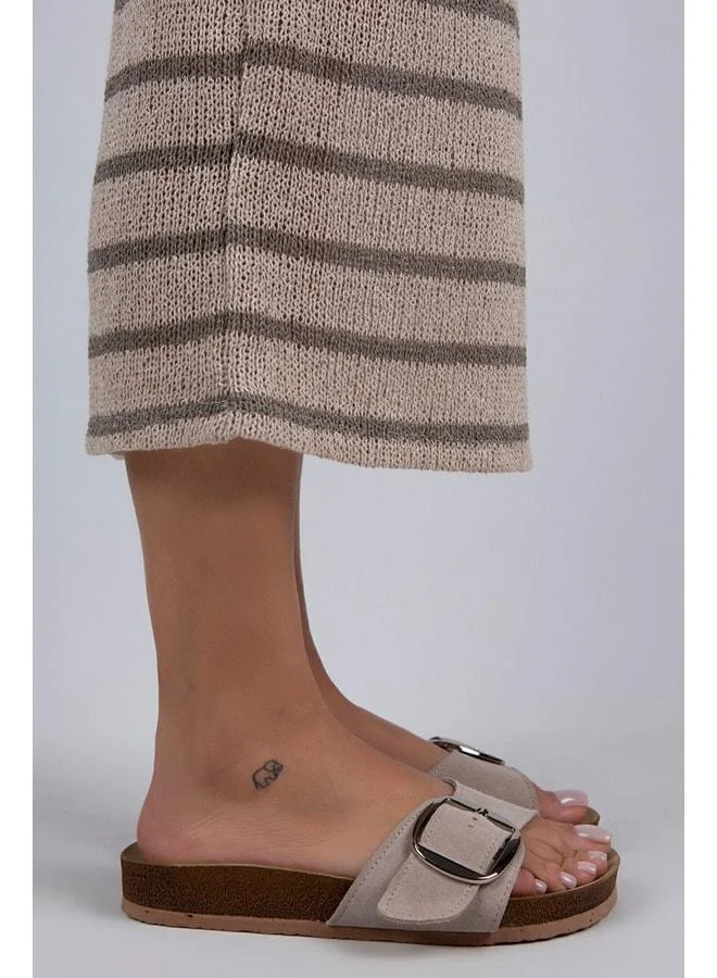 Manijero  Jade Women's Genuine Leather Single Buckle Beige Suede - Silver Slippers - Beige for Women | Best Price UAE
