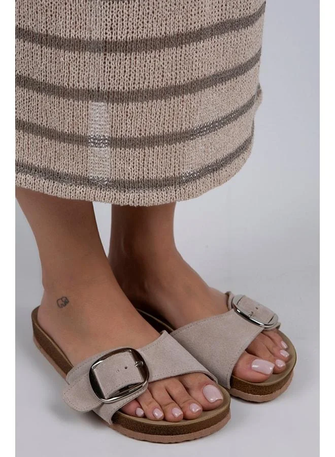 Manijero  Jade Women's Genuine Leather Single Buckle Beige Suede - Silver Slippers - Beige for Women | Best Price UAE