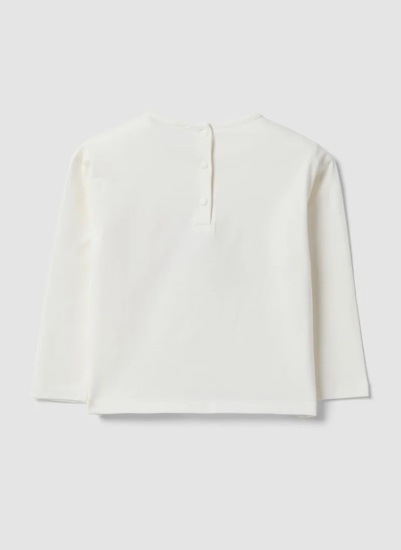 او في اس OVS White Long-Sleeve Stretch-Cotton T-Shirt With Lilo & Stitch Print