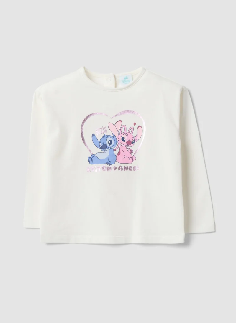 او في اس OVS White Long-Sleeve Stretch-Cotton T-Shirt With Lilo & Stitch Print