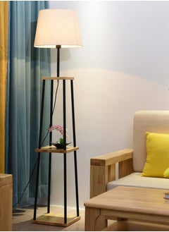 Modern Adjustable Dual-color Vertical Floor Lamp With Storage Rack Stylish 2-Tier Solid Wood Table Standing Lamp For Living Room Bedroom Two-in-one Storage Fabric Floor Lighting