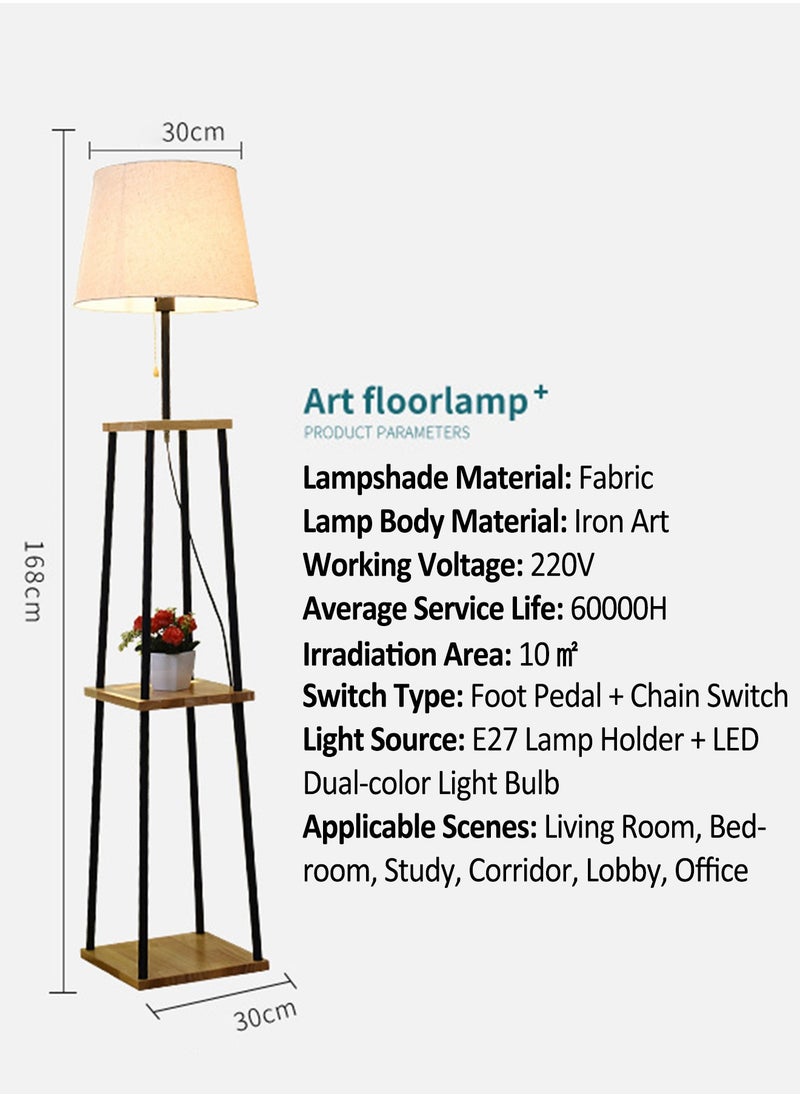 Sharpdo - Modern Adjustable Dual-color Vertical Floor Lamp With Storage Rack Stylish 2-Tier Solid Wood Table Standing Lamp For Living Room Bedroom Two-in-one Storage Fabric Floor Lighting - Image 1