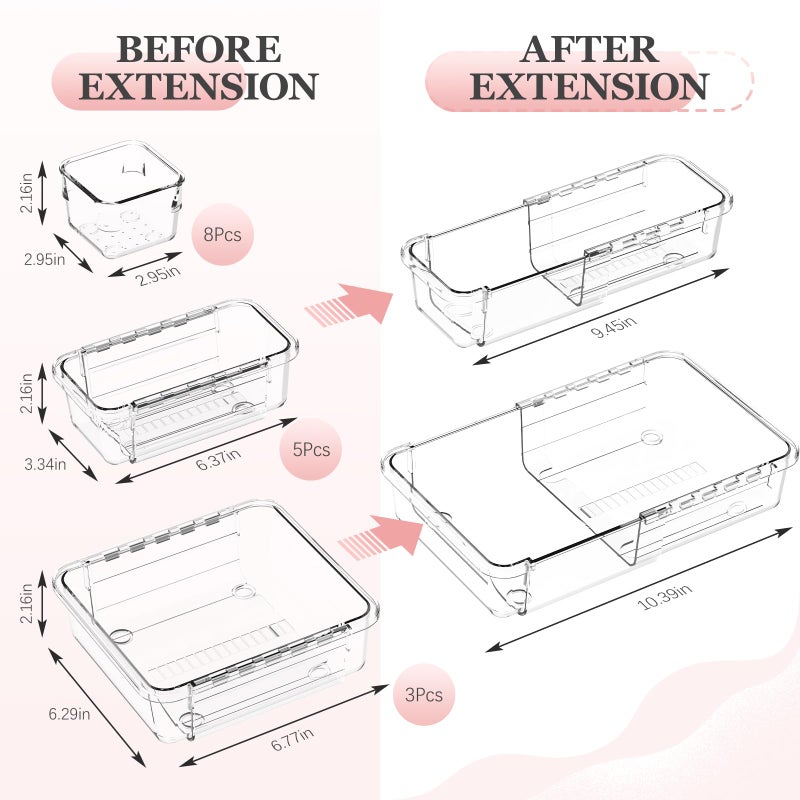 DILIBRA 16 Pcs Clear Extendable Drawer Organizer, Adjustable Drawer Storage 3-Size Desk Drawer Organizer, Plastic Non-Slip Storage Bins for Makeup, Cosmetic, Jewelries, Utensils, Stationery, Dressers - Image 2