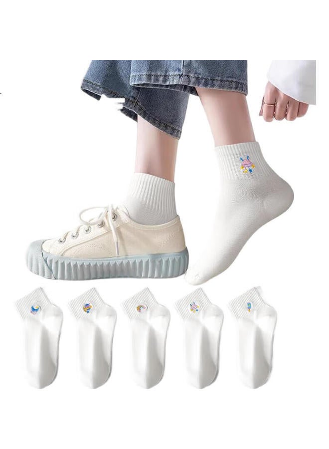 Insects Chonger Women'S Summer Short Socks, Pure Cotton, 7A Antibacterial And Odor-Resistant, Breathable, White Embroidered Boat Socks, Seamless Casual Mid-Calf Socks - Image 2