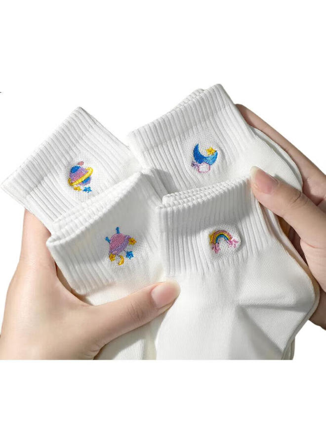 Insects Chonger Women'S Summer Short Socks, Pure Cotton, 7A Antibacterial And Odor-Resistant, Breathable, White Embroidered Boat Socks, Seamless Casual Mid-Calf Socks - Image 1
