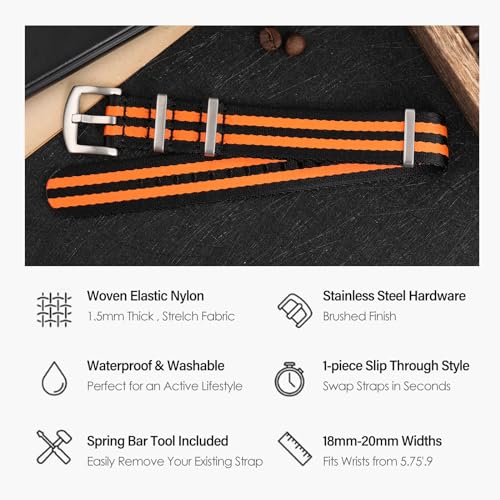 watchdives Nylon Watch Band 18mm 20mm 22mm Multicolor Replacement Watch Straps for Men Women (Black Orange, 20mm) - Image 3