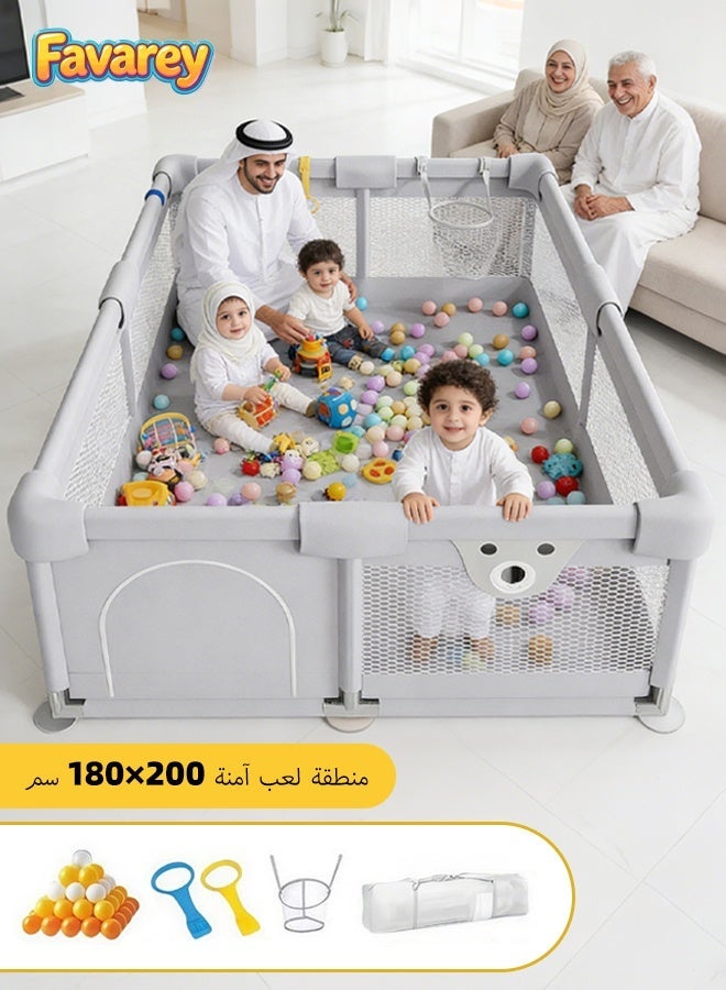 فافاري **ساحة لعب واسعة جدًا للأطفال بحجم 200×180 سم – مساحة مريحة وآمنة للعب مع مركز أنشطة، تصميم شبكي يسمح بتهوية ممتازة، مزودة بباب بسحاب لسهولة الدخول، مع هيكل ثابت وقاعدة مانعة للانزلاق، مناسبة للاستخدام داخل المنزل وخارجه** - Image 1