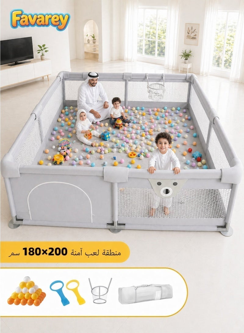 فافاري حظيرة لعب للأطفال 200×180×68 سم، ساحة لعب كبيرة مع شبك تهوية 360°، باب بسحاب خارجي، أكواب شفط مانعة للانزلاق، مع حقيبة تخزين وكرات ملونة وحلقة سحب - Image 1