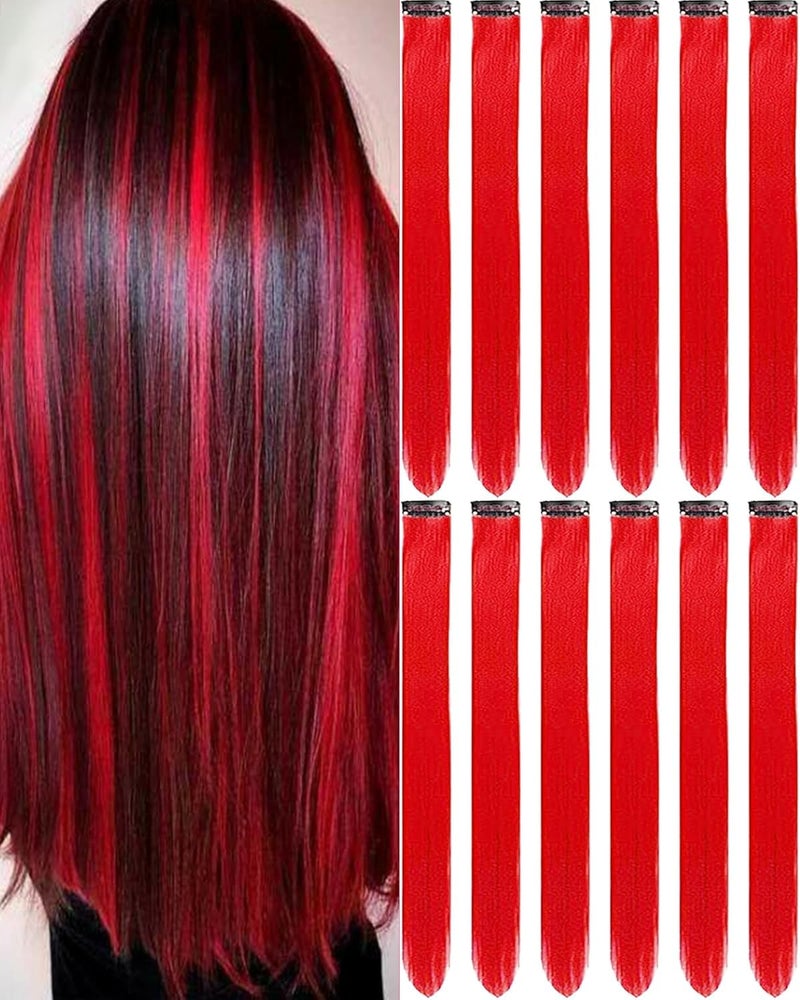 Olldag 12 PCS Red Hair Extensions Clip in, 22 Inch Colored Hair Extensions Party Highlights Long Straight Synthetic Hairpieces for Women Cosplay - Image 1