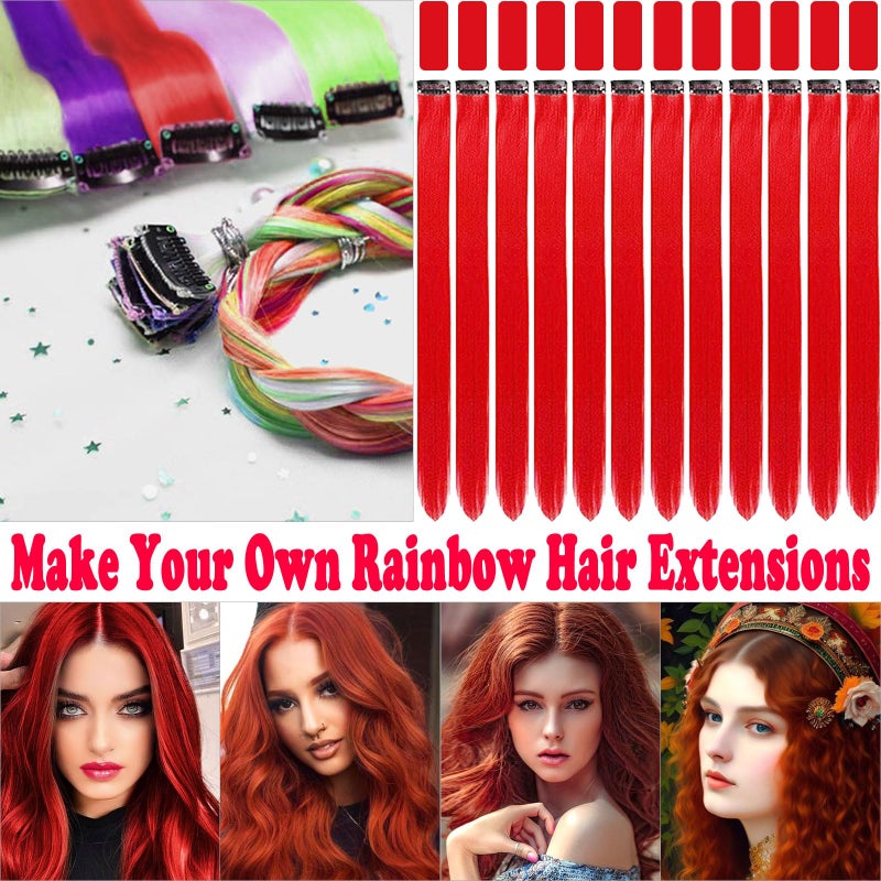 Olldag 12 PCS Red Hair Extensions Clip in, 22 Inch Colored Hair Extensions Party Highlights Long Straight Synthetic Hairpieces for Women Cosplay - Image 2