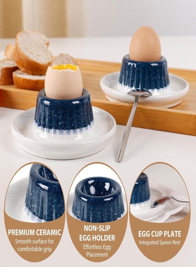 INGOFIN 2 Pcs Ceramic Egg Cups, Soft Boiled Egg Holders Set, Classic Porcelain Stackable, Easy to Clean Tray, Decorative Serving Dish for Breakfast, Easter or Kitchen, Starry Blue&Beige - Image 3