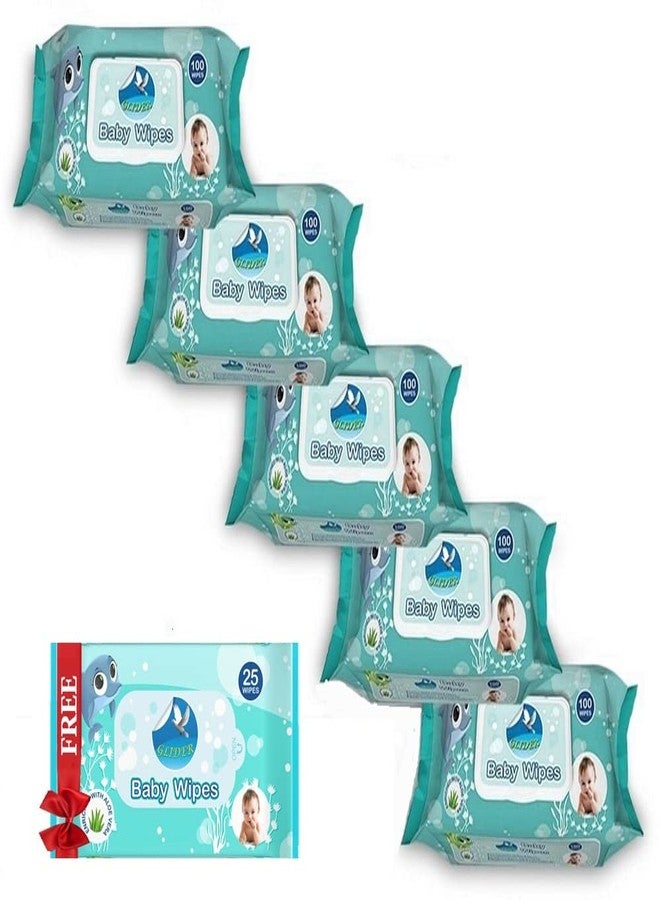 جلايدر [مجاناً] عبوة مناديل مبللة للأطفال من جلايدر، ٢٥ منديلاً، سهلة الحمل | ناعمة ولطيفة، تحتوي على ٩٨٪ ماء | خلاصة الصبار وفيتامين هـ | غطاء قلاب | (١٠٠ منديل/عبوة) (عبوة من ٥ قطع (٥٠٠ منديل)) - Image 1