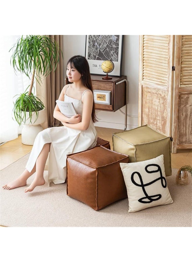 Apustim 40*40*40cm unfilled cushion cover，faux leather fluffy ottoman footstool for living room decoration square footstool for storage，floor mat footstool（cream apricot，cover only，no filling）  - Image 3