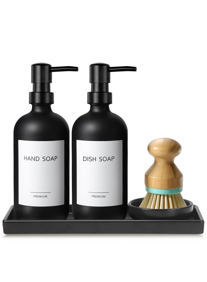 GM GMISUN GMISUN Kitchen Soap Dispenser Set, 17 fl oz Dish Soap Dispenser with Ceramic Tray & Bamboo Brush for Kitchen, 2Pcs Matte Black Glass Hand and Dish Soap Dispenser Set, Refillable Soap Bottle Set - Image 1