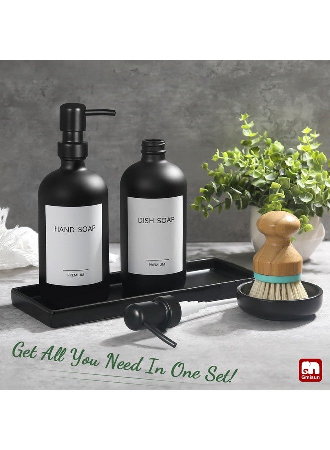 GM GMISUN GMISUN Kitchen Soap Dispenser Set, 17 fl oz Dish Soap Dispenser with Ceramic Tray & Bamboo Brush for Kitchen, 2Pcs Matte Black Glass Hand and Dish Soap Dispenser Set, Refillable Soap Bottle Set - Image 2